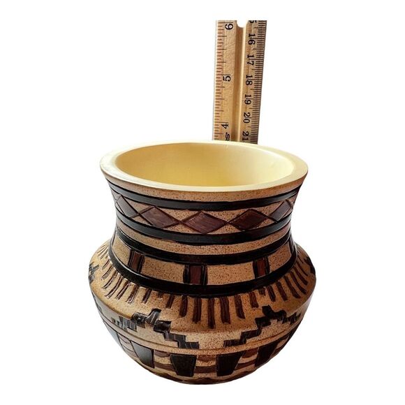 Aztec Design carved segmented hand painted vase Made in India 4" tall and wide - Picture 10 of 13